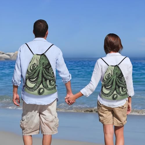 Drawstring Backpack for Women Men Gym Drawstring Bags Green Octopus String Bag Swim Bag 7