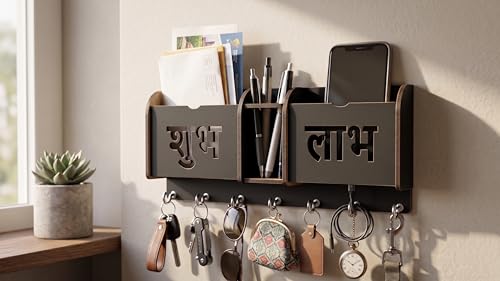 Image of Premium Wooden Wall Key Holder with 7 Hooks & 'Shubh Labh' Design | Multi-Functional Mail Organizer, Mobile Stand & Pen Holder | Elegant Entryway & Home Decor Wall Mount Matte Black