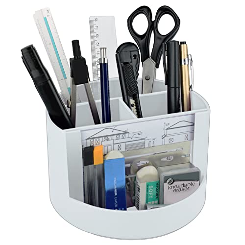 Acrimet Compact Desktop Organizer, 4 Spacious Slots, Round Pencil and Accessories Holder with Photo Slot, Ideal for Office, Art Supplies, Vanity Storage, and Home Organization (White Plastic)