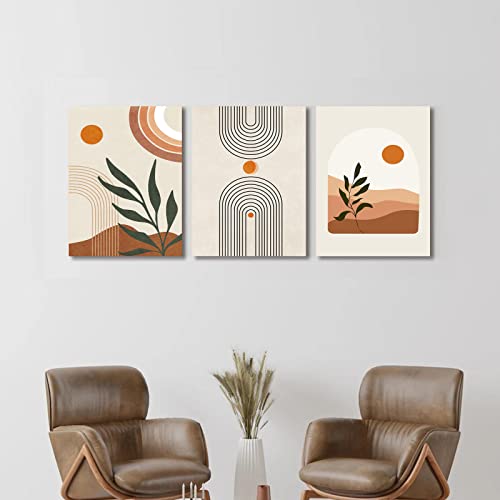 Boho Wall Art Set Of 3, Mid-Century Modern Wall Prints Framed Canvas Paintings Minimalist Abstract Geometric Beige Orange Moon Plant Desert Nature Illustrations Artwork, Boho Wall Decor Ready To Hang For Living Room Bedroom Bathroom Office(12"X16") #TOP4