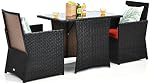 KOTEK 3 Ensemble de repas extérieur en pièce, PE Table à manger en rotin & Chaises avec plateau en verre trempé & Coussins, Ensemble de Conversation en Wicker, Set de Bistro de Patio pour Porc de jardin (Rouge)