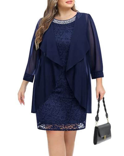 Women Plus Size Wedding Guest Dresses Navy Two-Piece Jacket Mother Bride Long Sleeve Chiffon Pencil Knee Length Dress