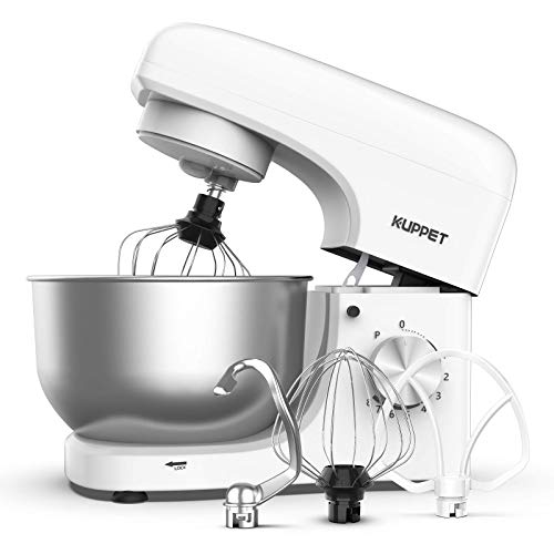KUPPET Stand Mixer, 8-Speed Tilt-Head Electric Food Stand Mixer with Dough Hook, Wire Whip & Beater, Pouring Shield, 4.7QT Stainless Steel Bowl - White