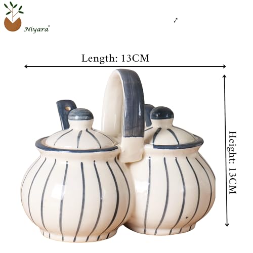Image of Niyara Multipurpose Storage Ceramic Pickle set Jars & with Lid & tray (Set of 2, 300 ML) (Grey line design)