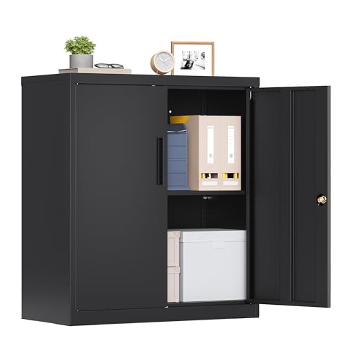 SONGMICS Caisson de Bureau, Meuble de Rangement, Verrouillable, avec 2 Portes, en Acier, 80 x 40 x 90 cm, Étagère Réglable, Noir Mat OMC019BD01