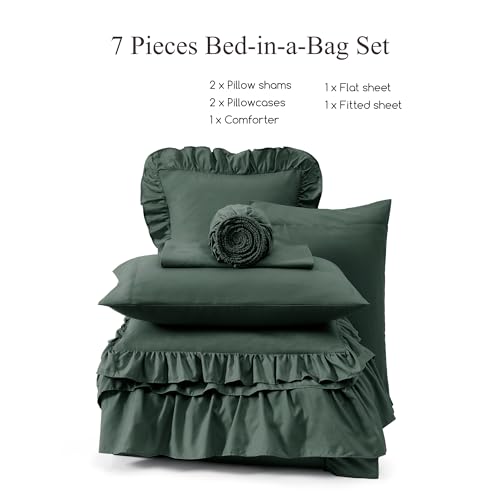 Image of Full Size Comforter Set Forest Green Ruffle 7 Pieces Farmhouse Bed in a Bag | Shabby Chic Fluffy All Season Bedding Sets with Sheets, Pillowcases & Shams