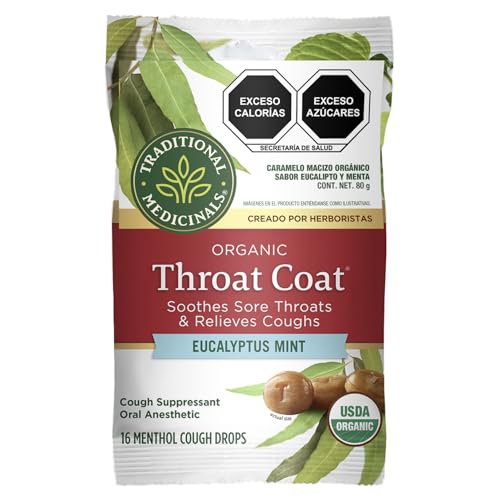 Image of Traditional Medicinals Organic, Throat Coat Lozenges, Eucalyptus Mint with Menthol - Herbal Cough Drops, Helps Soothe Sore Throat & Relieve Cough - Non-GMO, Stimulant-Free - 16 Count (Pack of 12)