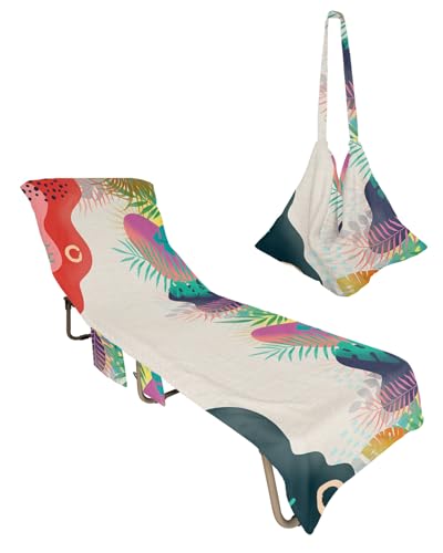 Beach Pool Patio Lounge Chaise Chair Cover Towel with Pockets,Boho Flower Absorbent & Quick Dry Microfiber Towel Cover Bag Summer Travel Accessories Middle Century Morden Abstract Tropical Leaves