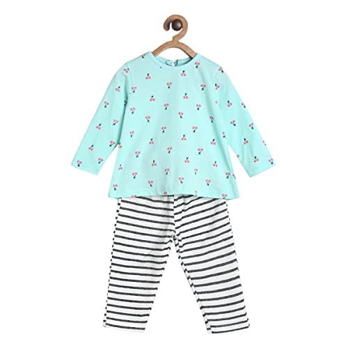 Image of miniklub Girls Sea Green & Black Printed Pure Cotton T-Shirt With Pyjamas