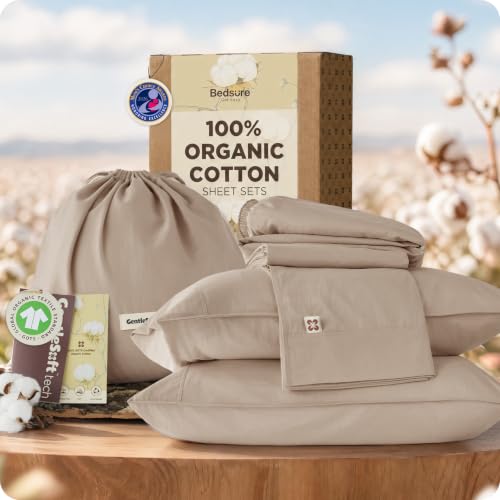 Image of Bedsure PureWoven 100% GOTS Certified Organic Cotton Sheets, Full Size 4PCS | Eco-Friendly, 16 inch Deep Pocket with Corner Straps, Luxury Hotel Soft, Breathable Sateen Bed Sheets, OEKO-Tex, Light Brown