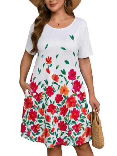Image of AusLook Plus Size Midi Dress for Women Casual Summer Short Sleeve A Line Swing Dress with Pocket Round Neck Flowy Dress 1X-5X