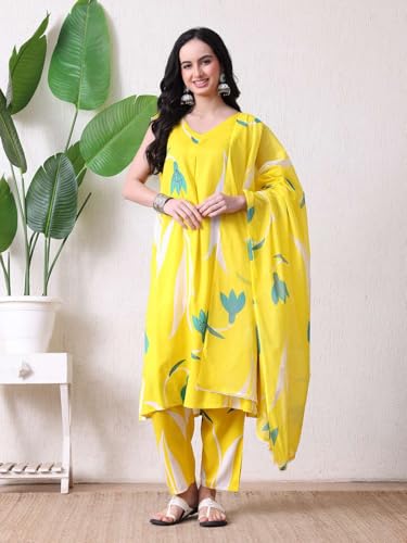 Image of Amazon Brand - Tavasya Women Cotton Anarkali Kurta Pant Dupatta Set | Printed Ethnic Suit Set | Flared Anarkali Kurta with Pant & Dupatta | Festive & Casual Wear