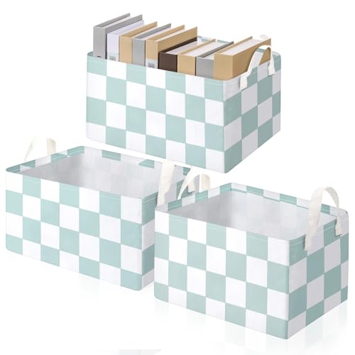 Image of Boao 3 Pcs Sage Green Checkered Storage Basket with Handle Cute Car Baskets Gingham Classroom Laundry Toy Storage Bin Organizer Canvas Plaid Hamper for Dormitory Home Nursery Bathroom Bedroom