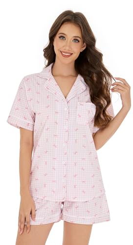 Image of LUBOT 100% Cotton Women's Pajamas Set Button-Down Two-piece PJ Set Short Sleeve Printed Patterned Summer Sleepwear Loungewear (Plaid Bows, M)