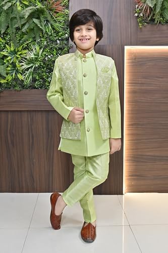 Image of AHHAAAA Kids Ethnic Silk Blend Waistcoat Kurta Pyjama Sherwani Set For Boys