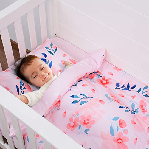 Image of JISEN 3 Piece Crib Bedding Set Crib Quilt Crib Sheet Pillowcase - Soft Microfiber Printed Nursery Set for Baby Boys or Girls Pink Flowers
