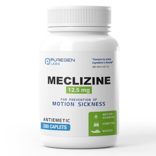 Puregen Labs Meclizine 12.5 mg Antiemetic 200 Caplets | Motion Sickness Relief - Prevent Nausea Vomiting and Dizziness | Dairy Free | Value Pack 200 Caplets