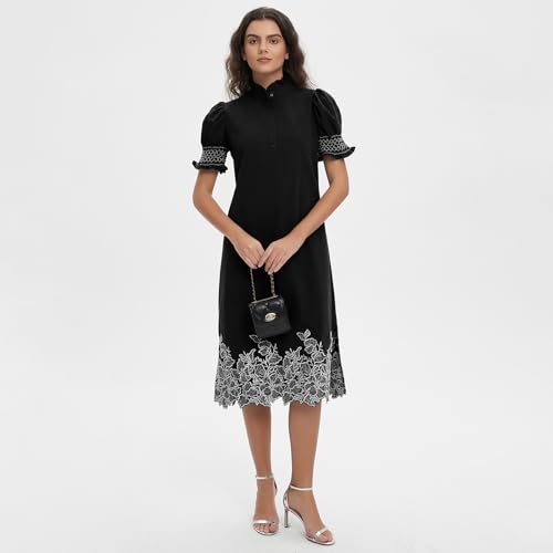 Image of Women's Summer Embroidered Midi Dress 2026 Button Down Short Sleeve Floral Shirt Dress