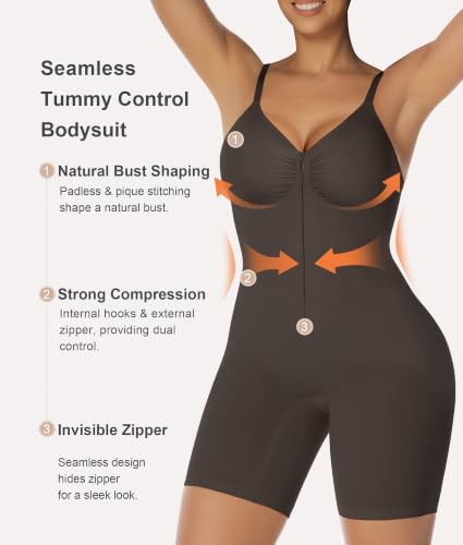 Image of SHAPERX Women's Shapewear Bodysuit Tummy Control Seamless Zip-Up Body Shaper Waist Defining Silhouette