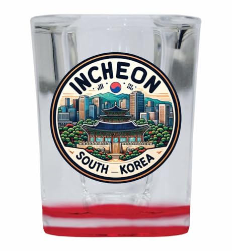 R and R Imports Incheon South Korea Souvenir 2 Ounce Shot Glass Square Red Base Single