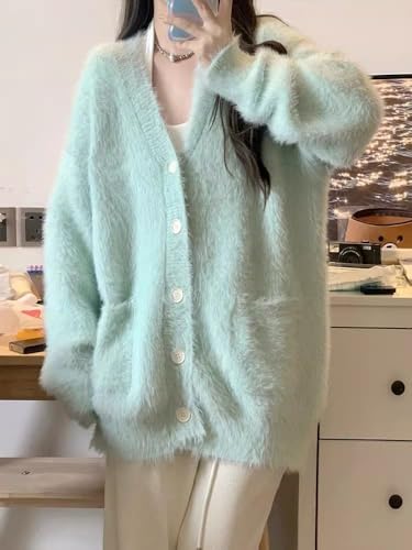 Oversized Cardigan Mint Green Sweater Jacket Long Sleeve Girls Womens Knitted Tops4