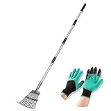 Yangbaga Rakes for Lawns Leaf Rake, 30.7”-50”Adjustable Garden Rake 8.7' Wide Lightweight Steel Handle,Plastic Head, for Gardeners,Kids Leaf Rake,Camp Rake Garden Digging Gloves （Green）