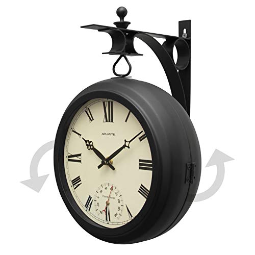 Image of AcuRite 9 inchIndoor /Outdoor Double-Sided Hanging Clock w /360-Degree Spin Functionality,Iron Metal Frame,Glass Lens,Qtz Crystal Movement,Weatherproof & Premium Thermometer(75140M),Black,Small (Pack of 2)