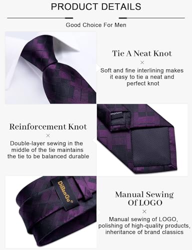 Image of DiBanGu Mens Silk Plaid Tie and Pocket Square Set | Elegant Silk Formal Tie Set, Woven Check Necktie and Cufflinks Tie Clip Set, Perfect for Wedding Party, Comes in Gift Box
