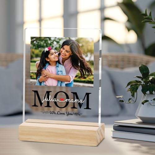 Image of Giftplease Customized Photo And Text Frame With Wooden Stand | Personalised Printed Photo Frame | Gift For Mom | Birthday | Mother's Day | Anniversary (Transparent, 5MM, 6 * 8 Inches), Tabletop
