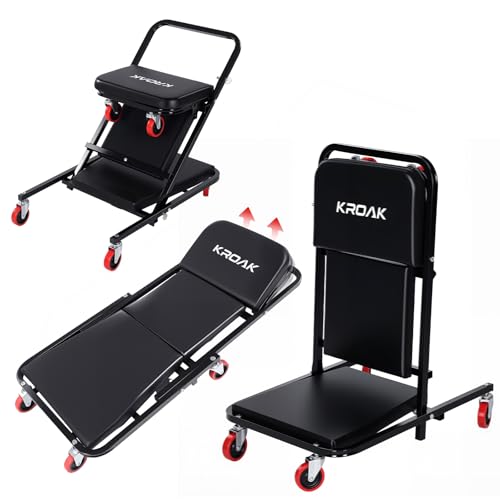 KROAK Creeper, 40 Inches 4 in 1 Z Creeper Seat 2025 Upgraded 450 lbs Capacity Garage Chair Adjustable Rolling Folding Car Creeper with 6 pcs 3" Wheels,Lay Down or Sit for Garage, Auto, Shop Repair