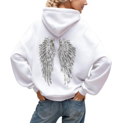 Image of Women's Fashion Hoodie with Wing Sequin Design, Cozy Fall Winter Pullover, Casual Loose Fit Long Sleeve Sweatshirt for Daily Wear (White, L)
