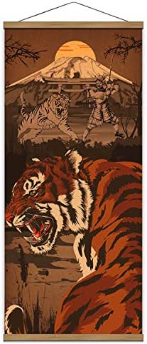 Samurai Spirit With Ferocity Tiger Japan Retro Warrior Canvas Wall Art Print Poster Scroll Wood Framed to Hanging Wall Home Karate Hall Sushi Restaurant Decor 16”x35”