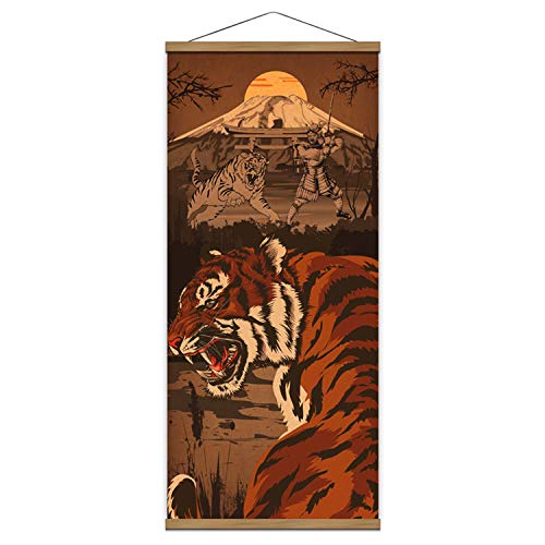 Weroute Samurai Spirit With Ferocity Tiger Japan Retro Warrior Canvas Wall Art Print Poster Scroll Wood Framed To Hanging Wall Home Karate Hall Sushi Restaurant Decor 16 Inchx35 Inch cover