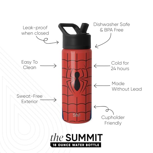 Image of Simple Modern Kids Summit Water Bottle with Straw Lid | Marvel Spider Man 18oz Stainless Steel Cup Insulated Tumbler for Boys, School | Spider Armor