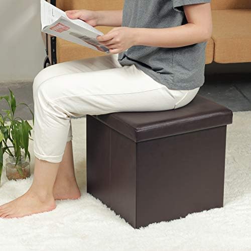 Bonlife 40X40X40CM PU Leather Folding Ottoman Storage Boxes with Lids Foot Stool Sponge Filling,Storage Bench Cube Footstools,Brown