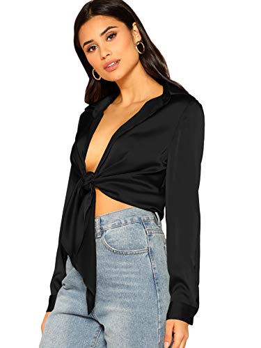 Shein Women's Long Sleeve Self Tie Knot Front Satin Crop Top Blouse Shirt Black Medium #TOP2