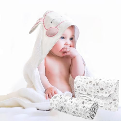 Image of Baby Gift Set - Newborn Gift Bag for Girls and Boys - Welcome Bundle with White Bunny Hooded Towel and Grey Floral Swaddle Blanket