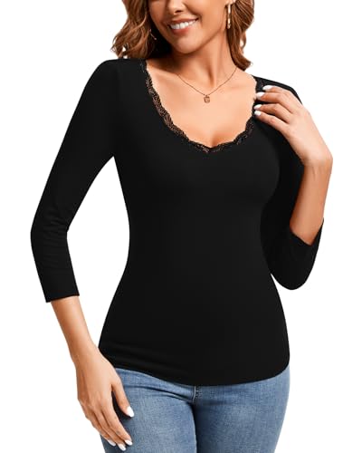WOWENY Blusa de Encaje para Mujer, Elegante, con Mangas 3/4 y Cuello en V, Corte Entallado, básica, elástica y cómoda