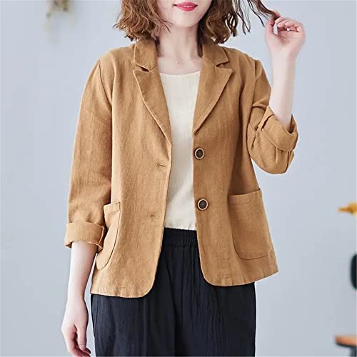 Womens Spring Summer Coat Cotton Linen Blazer Suit Cardigan Jacket Women Casual Solid Color 3/4 Sleeves Jackets4