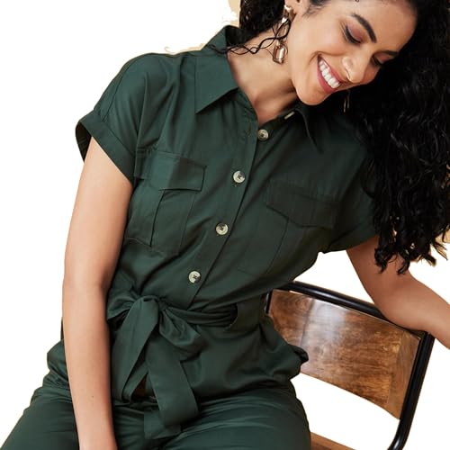 Image of Globus Women Olive Solid Shirt Collar Jumpsuit with Waist Tie-Up-3638458001