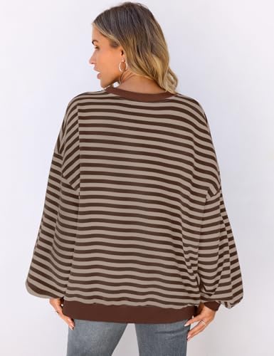 Image of UEU Women Oversized Striped Crewneck Sweatshirt Long Sleeve Color Block Pullover Tops Casual Loose Workout Shirt
