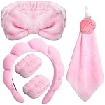Spa Headband for Washing Face, Terry Cloth Facial Puffy Makeup Headband for Women, Skincare Headband Microfiber Bow Hairband&Wristband, with Cute Hand Towel, Trendy Facial Headband Set for Women Gifts