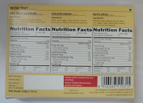 Image of WOW TRIET - Dry Fruit, Nuts & Golden Grain 220 Grams Pack of 6 | Natural Jaggery Sweetened | Pure Ghee Infused | Nutrient & Healthy Tasty Laddoos | No Added Preservative