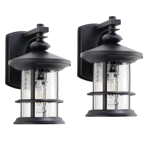 Image of MICSIU 100W Max Modern Industrial Black Outdoor Sconce Lantern Light | 2 Pac 10 Inch Metal Exterior Wall Light with Clear Seedy Glass, Anti-Rust Outside Lighting for Entryway, Garage, Bathroom
