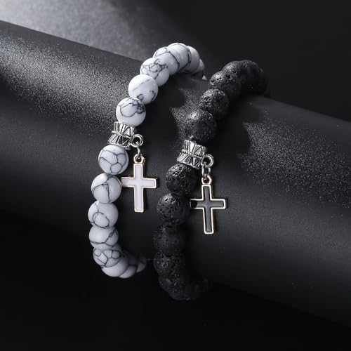 Matte Lava Rock Beaded Couple Bracelet Set for Women Men Black White 8mm Howlite Natural Volcanic Stone Matching Beads Elastic Cross Pendant Stretch Bracelets Religion Charm Friendship BFF Jewelry4