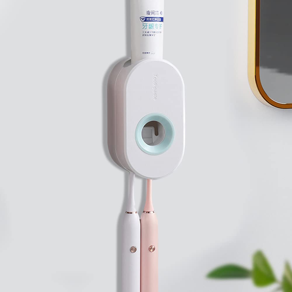 TABORA Wall Mounted Toothbrush Holder Automatic Toothpaste Dispenser with Convenient Toothpaste Squeezer for Washroom Shower Bathroom (White)