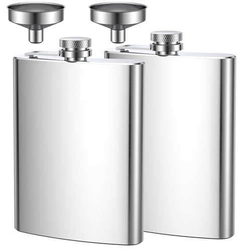 2 pcs Flachmann Edelstahl, Flachmann Set aus Edelstahl, Aus 304 Edelstahl, für Whiskey, Rum, Wodka, Geeignet für Wandern und Party(8 oz. 220ml), Silber