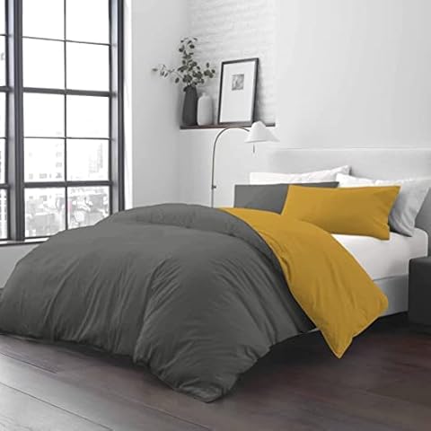 Roy Textile Reversible Duvet Cover Set with Matching Pillow Cases - Mustard/Grey (Single) Cover