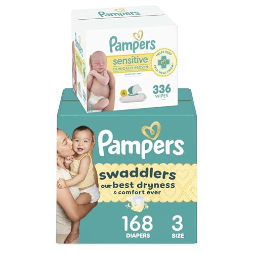 Image of Diapers Size 3, 168 Count and Baby Wipes - Pampers Swaddlers Disposable Baby Diapers and Water Baby Wipes Sensitive Pop-Top Packs, 336 Count (Packaging May Vary)