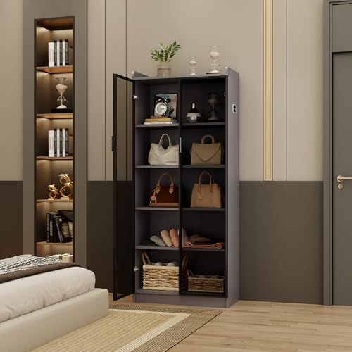 Dystler 65" Tall Display Cabinet with Doors, Lighted Bookcase with Lights/Human Sensor, 5 Tier Display Case with Adjustable Shelves for Collectibles Bedroom Living Room Office, Grey-Smoked Black Door image 8